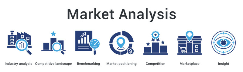 Market analysis banner web icon examines industry and competitive landscape through benchmarking for positioning insights.