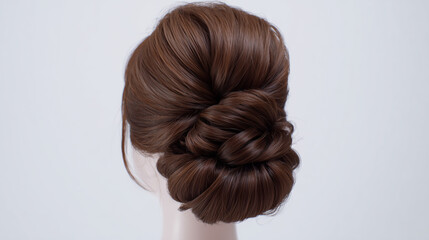 Fototapeta premium Close up of a brown hair updo with twists and a bun against a plain white background