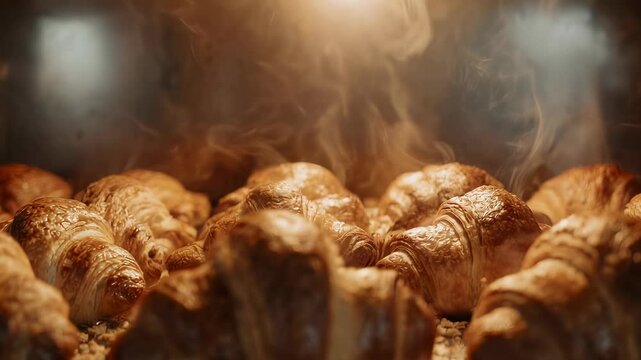 Freshly Baked Croissants in Oven with Steam Rising for Breakfast Inspiration