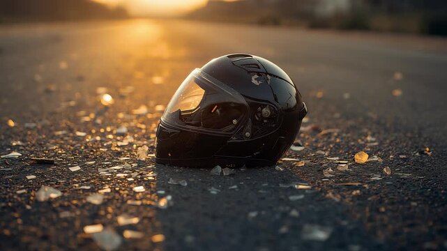 Motorcycle helmet lying on asphalt among shattered glass pieces during golden hour, highlighting road safety hazards and accident awareness concepts