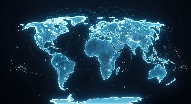 dynamic global analytics presentation, interactive neon map showcasing predictive trends and clusters