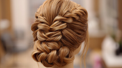 Close up of a blonde woman's intricate braided updo hairstyle with blurred background view
