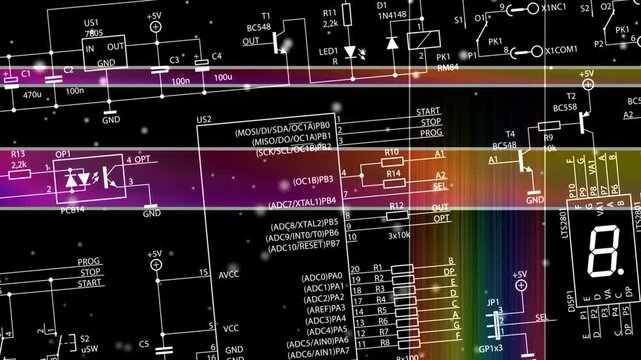 Video animation with schematic diagram of electronic device. Drawing electrical circuit with capacitor, resistor,  transistor, diode, led, power unit, integrated circuit. Animated motion effect.