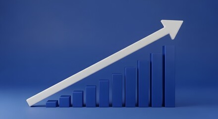 Blue 3d bar sales chart with white up arrow representing business growth and financial success on a blue background