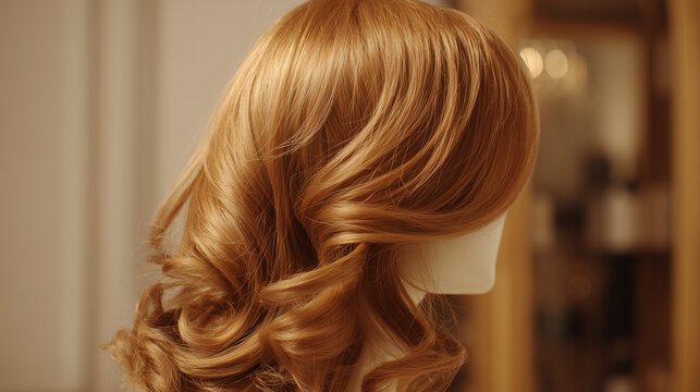 Close up of a golden blonde wig styled with curls and waves on a mannequin head display - Powered by Adobe