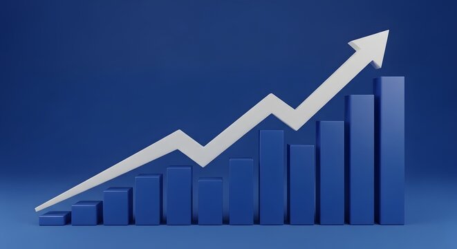 Blue 3d bar sales chart with white up arrow representing business growth and financial success on a blue background