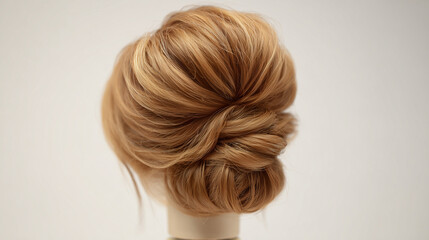 Naklejka premium Close up view of a light brown hair updo with intricate twists and a soft, elegant bun style