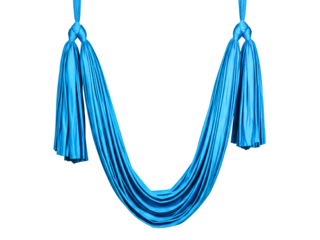 Bright blue aerial yoga hammock for fitness and inversion exercises on a transparent background