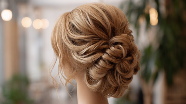 Close up of a blonde woman's hair styled in an elegant updo with soft curls and highlights