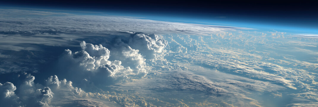 Aerial view of a curved planetary horizon with layered clouds, towering cumulus formations and tiny spacecraft flying across vast sky