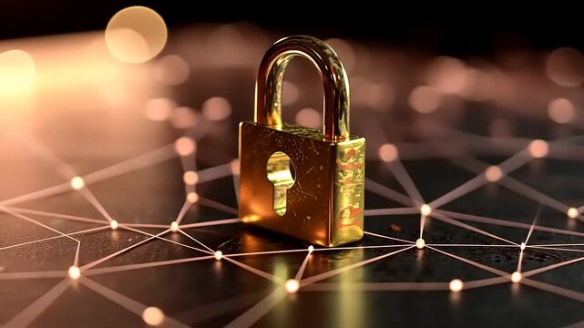 Golden padlock symbolizing security on a digital network background with glowing connections