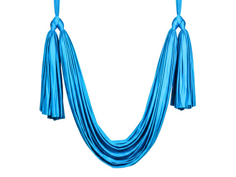 Bright blue aerial yoga hammock for fitness and inversion exercises on a transparent background