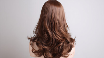 Naklejka premium Back view of a woman with long brown wavy hair against a plain light gray background studio shot