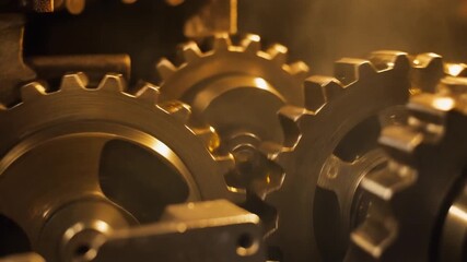 Close-up of intricate golden gears in a complex mechanical system, moving smoothly and precisely.