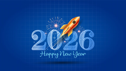 Vector illustration of Happy New Year 2026 start with a success graph, fireworks background, and a rocket launch for new goals.
