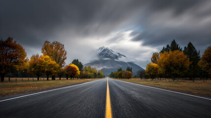 Scenic Drive Through a Valley with Stormy Clouds and a Majestic Mountain