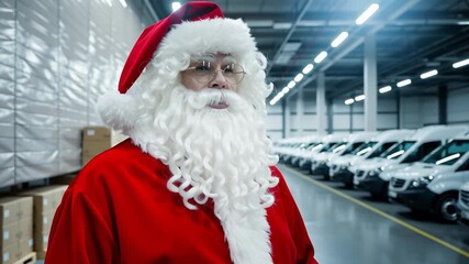 Smiling speaking Santa Claus courier holding Christmas present in warehouse surrounded by delivery vans. Festive holiday logistics scene red suit white beard gift box red ribbon. Delivery concept.  - Powered by Adobe