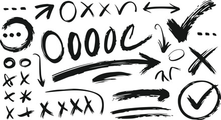 Hand Drawn Brush Stroke Ovals, Arrows, Circles, Crosses and Scribble Elements Vector Set. Grunge Marker Doodle Shapes for Design, Highlighting, UI, Notes, and Presentation Graphics