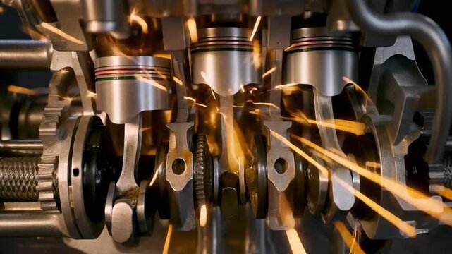 Close-up view of a running internal combustion engine with pistons and crankshaft in motion, showcasing the spark plug ignition process.