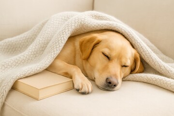 A Cozy Golden Retriever Comfortably Nestled Under a Soft Blanket on a Couch, Sleeping Peacefully Next to a Book, Capturing the Essence of Relaxation and Coziness