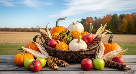 Abundant autumn harvest display featuring gourds pumpkins corn and apples on rustic table
