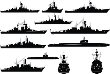 Vector collection of military navy ship silhouettes including warships destroyers submarines and frigates in side and front view for defense design isolated on white background. © MEHEDI
