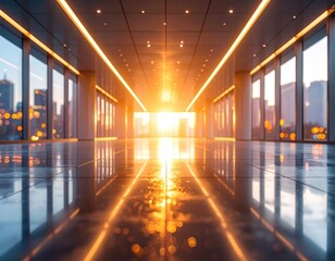 Glowing hallway reflects cityscape view, modern & bright