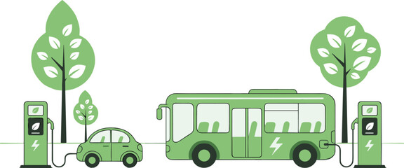 Vector illustration of green electric car and city bus charging at station with trees for eco friendly public transport concept isolated on white background. © Akaza