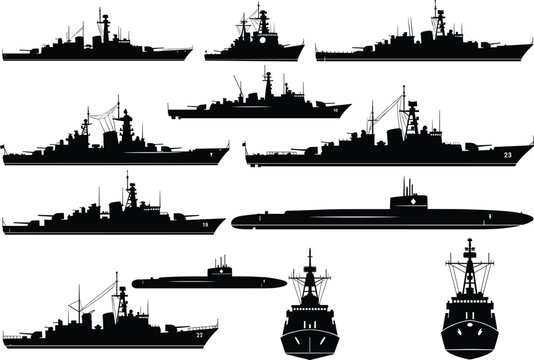 Vector collection of military navy ship silhouettes including warships destroyers submarines and frigates in side and front view for defense design isolated on white background.