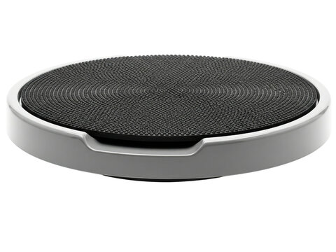 Rotating turntable display stand with a textured rubber surface on a transparent background