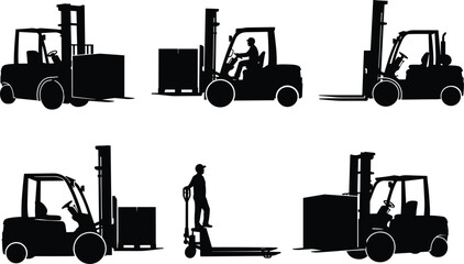 Vector set of black forklift silhouettes featuring warehouse industrial trucks with drivers and pallets for logistics cargo delivery design isolated on a white background. © Akaza