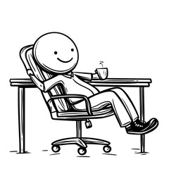 Cheerful stick figure person relaxes with a warm coffee mug while sitting casually at a work desk