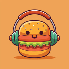 Cute cartoon burger character wearing headphones and smiling, representing music and food fusion
