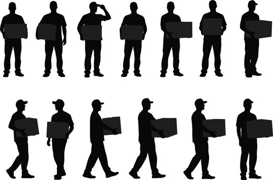 Vector set of delivery man silhouettes carrying boxes including walking and standing poses for logistics shipping and moving service design isolated on white background. - Powered by Adobe