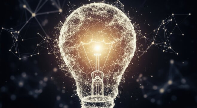 luminous filament bulb encompassed by particle mesh in dark surroundings symbolizing creativity