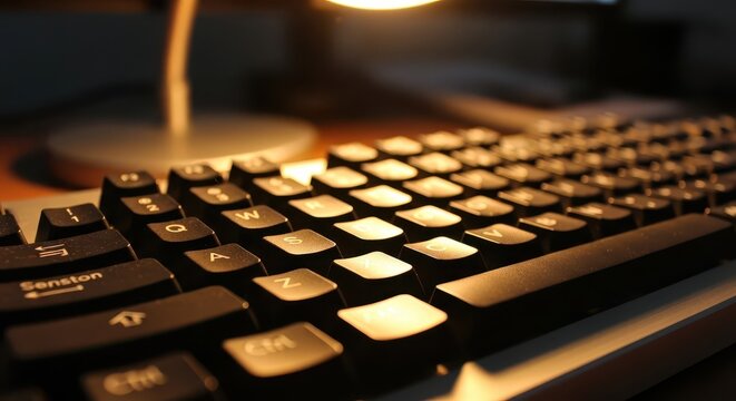 Close up perspective captures illuminated keys on a dark computer input device - Powered by Adobe
