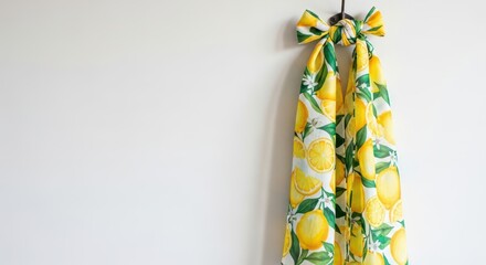 Bright lemon-patterned scarf hanging on hook with bow accent