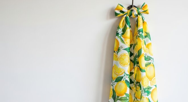 Bright lemon-patterned scarf hanging on hook with bow accent - Powered by Adobe