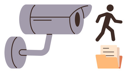 Surveillance device observing a walking person and folder of documents. Ideal for security, privacy, monitoring, compliance, data protection, law enforcement, information safety. Simple flat metaphor