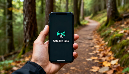 Hand holds a smartphone showing the "Satellite Link" icon on a remote forest hiking trail in autumn.