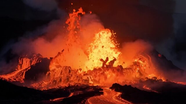 A powerful volcanic eruption spews molten lava and ash into the dark night sky, illuminating the surrounding landscape with fiery orange and red hues.