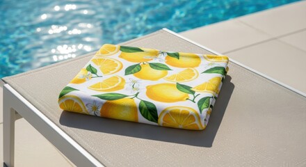 Vibrant lemon-patterned towel on poolside lounger in sunny setting