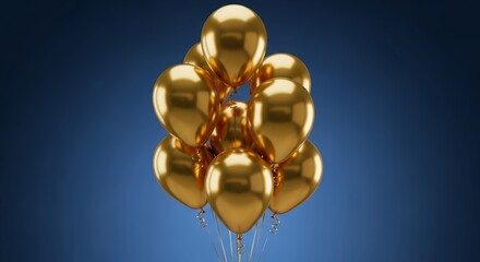 Cluster of shiny golden balloons on a blue background, concept for celebration, anniversary and festive occasion