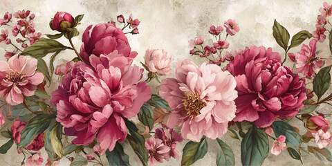Vintage floral arrangement with lush pink and deep red peonies and green leaves © DARK TRUST