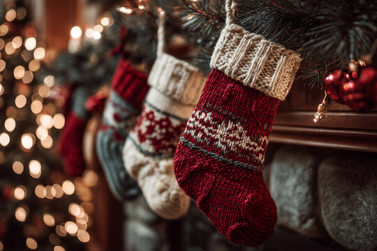 Cozy Christmas stocking knit texture red ornament fireplace mantle warmth