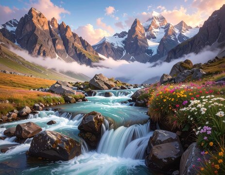 Turquoise river cascades through stunning, snow-capped mountains