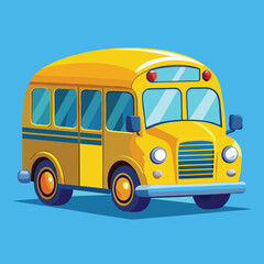 Classic yellow school bus with blue stripes and windows, ready to transport children to school