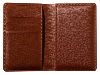 Open brown textured leather passport holder with card slots on a transparent background