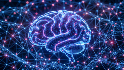 Human brain with glowing nodes and connections, representing artificial intelligence and neural network concept