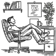Confident man relaxes with feet on the desk in a home office surrounded by plants and books
